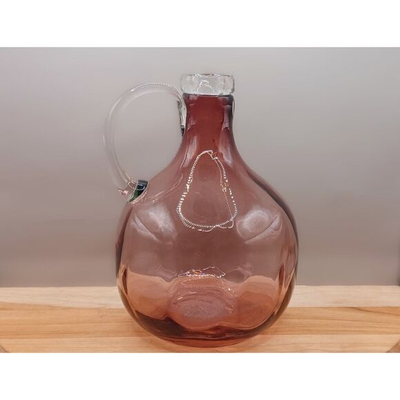 Hand Blown Amethyst Glass Round Jug Vase with Clear Applied Handle and Lip - Picture 4 of 13